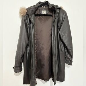Field Gear Leather small Brown Jacket parka  With Raccoon Collar